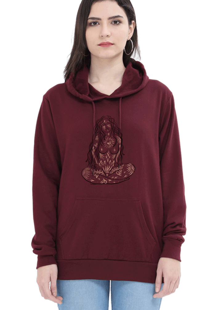 "Cosmic Opulent Intellect" Unisex Hooded Sweatshirt for Girls and Women with Cosmic Harmony Maroon