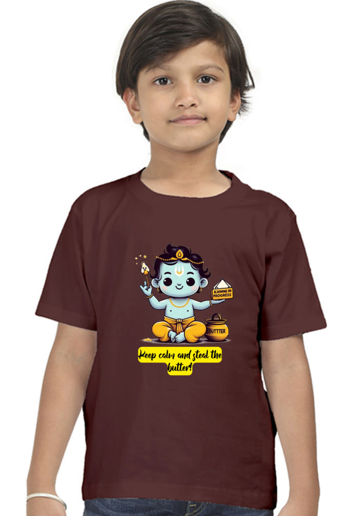 Keep Clam And Steal The Butter Janmashtami Boy's T Shirts Maroon