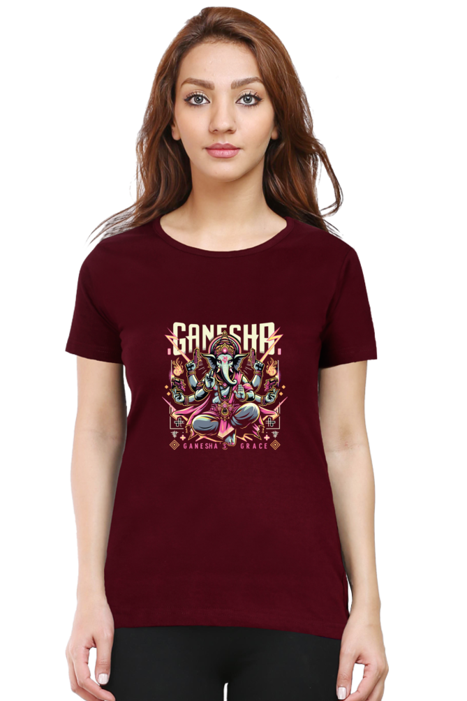 Ganesha's Grace 2 Printed Ganesh Chaturthi Women T Shirts Maroon