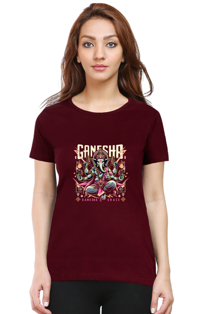 Ganesha's Grace 2 Printed Ganesh Chaturthi Women T Shirts Maroon