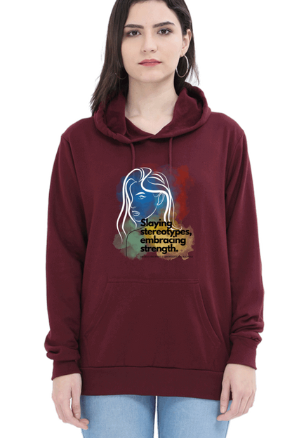 "Slaying Stereotypes, Embracing Strength" Hooded Sweatshirt for Girls and Women Maroon