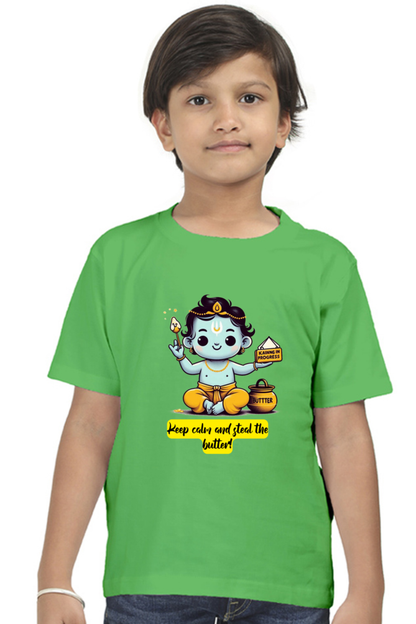 Keep Clam And Steal The Butter Janmashtami Boy's T Shirts Flag Green