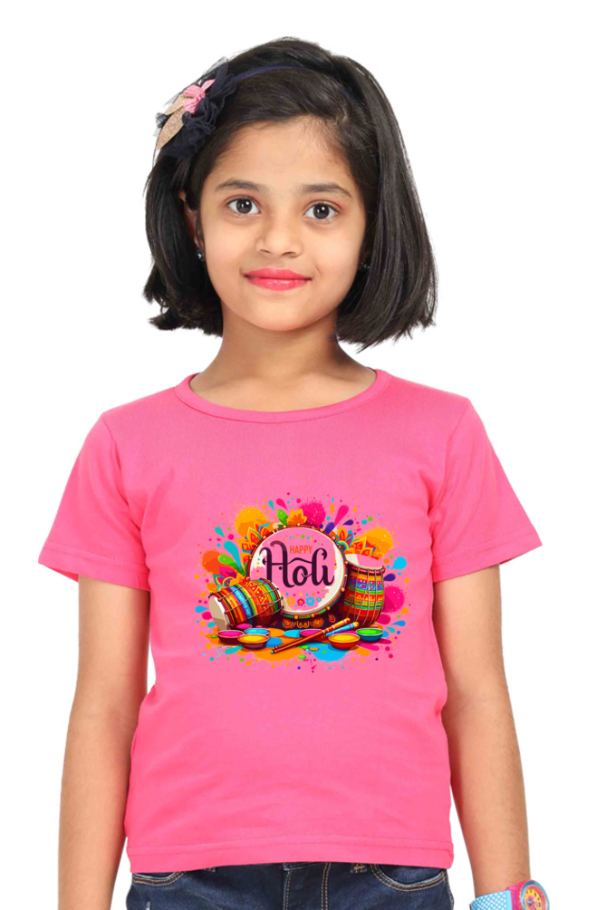 Happy Holi Fun: Girls' Kid Tee with Dhol & Colors Pink