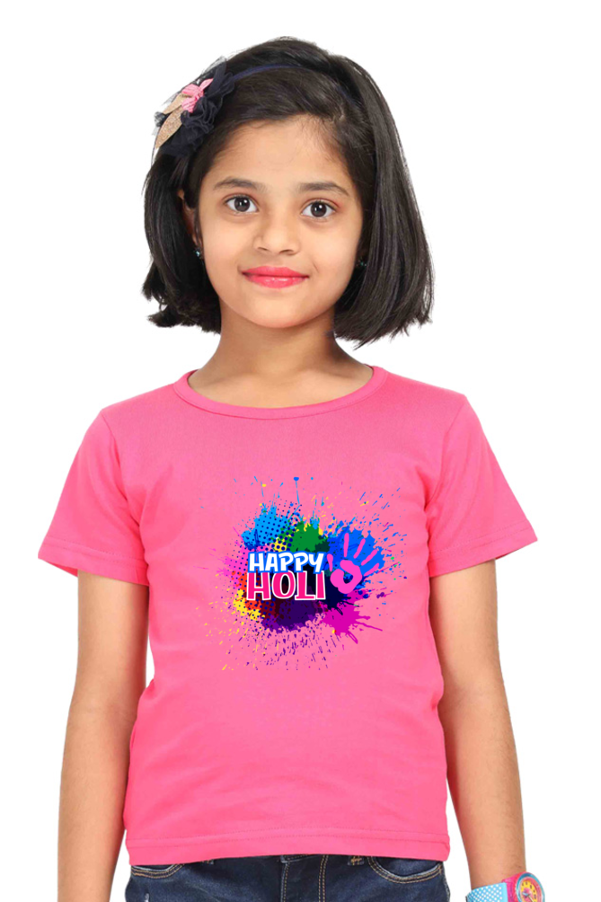 Happy Holi Colored Hand Stamp Girls T Shirt Pink