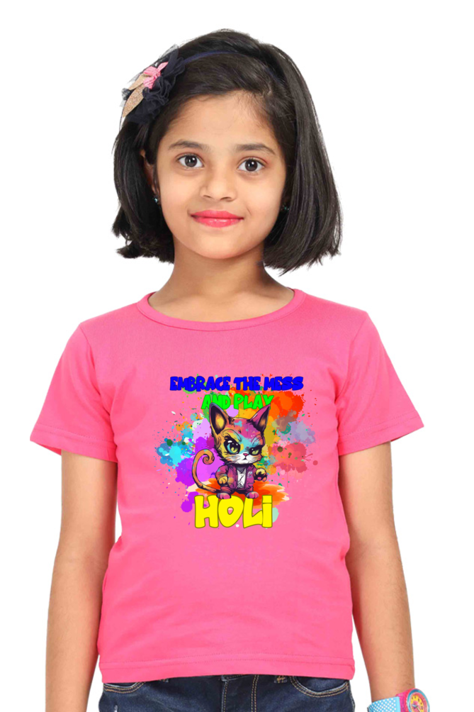 Embrace the Mess and Play Holi: Colorful Cat Girls' T-shirt Pink