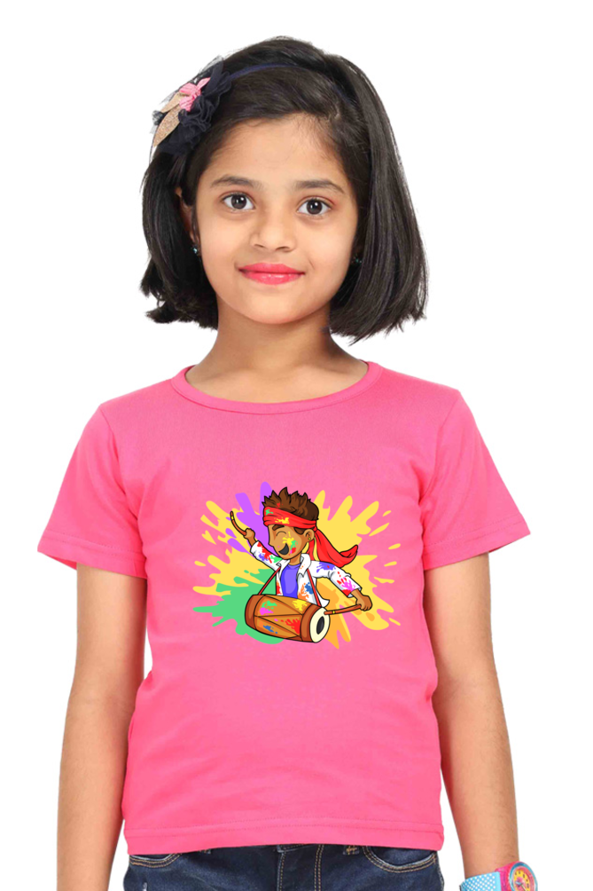 Holi Beat: Boy Playing Dhol Girls' Tee Pink