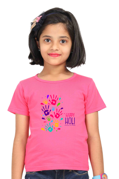 Happy Holi Hand Stamps: Girls' Tshirt Pink