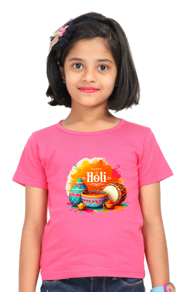 Happy Holi Celebration: Dhol and Colorful Pots Girls' T-shirt Pink