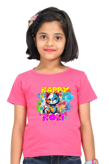 Happy Holi: Colorful Cute Cat Girls' T-shirt Pink