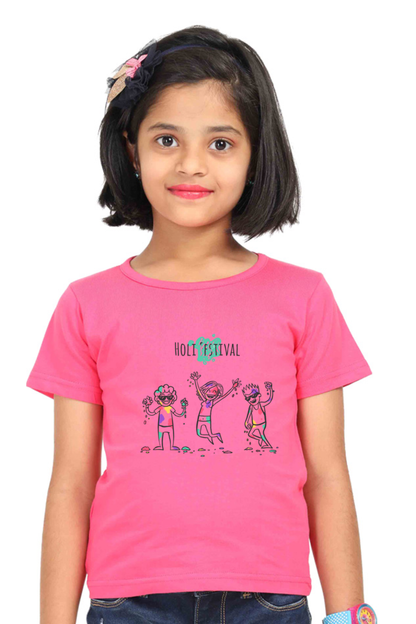 Holi Joy: Cartoon Figures Dancing Girls' Tee Pink