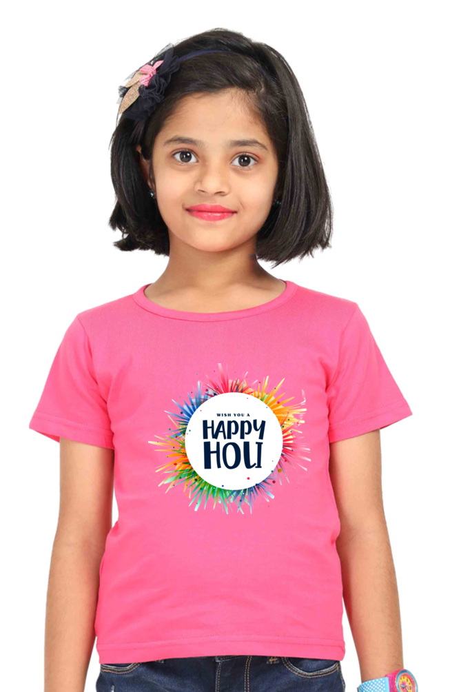 Happy Holi Wishes: Girls' Kid Tee Pink