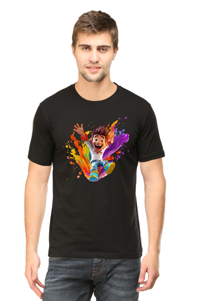 Holi Splash: Joyful Jump with Colorful Boy Black