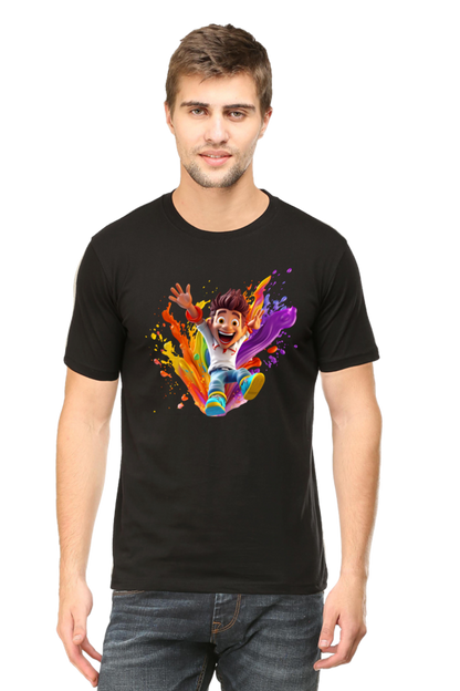 Holi Splash: Joyful Jump with Colorful Boy Black