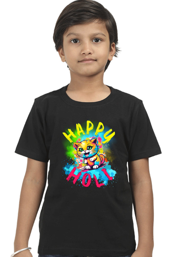 Happy Holi Cat: Boys' Kid Tee Black