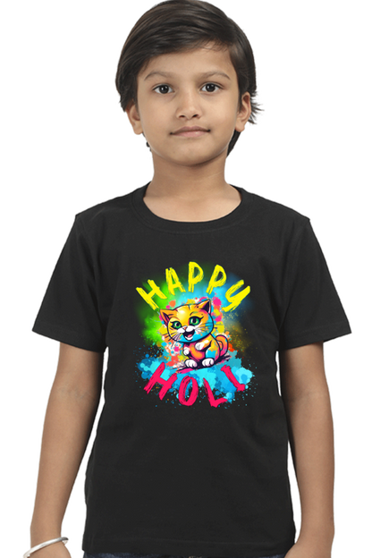 Happy Holi Cat: Boys' Kid Tee Black