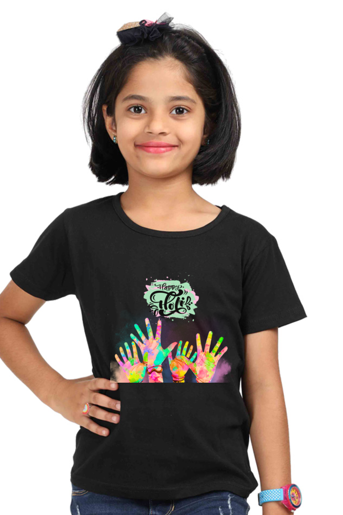 Happy Holi Hand Stamps: Girls' Tee Black