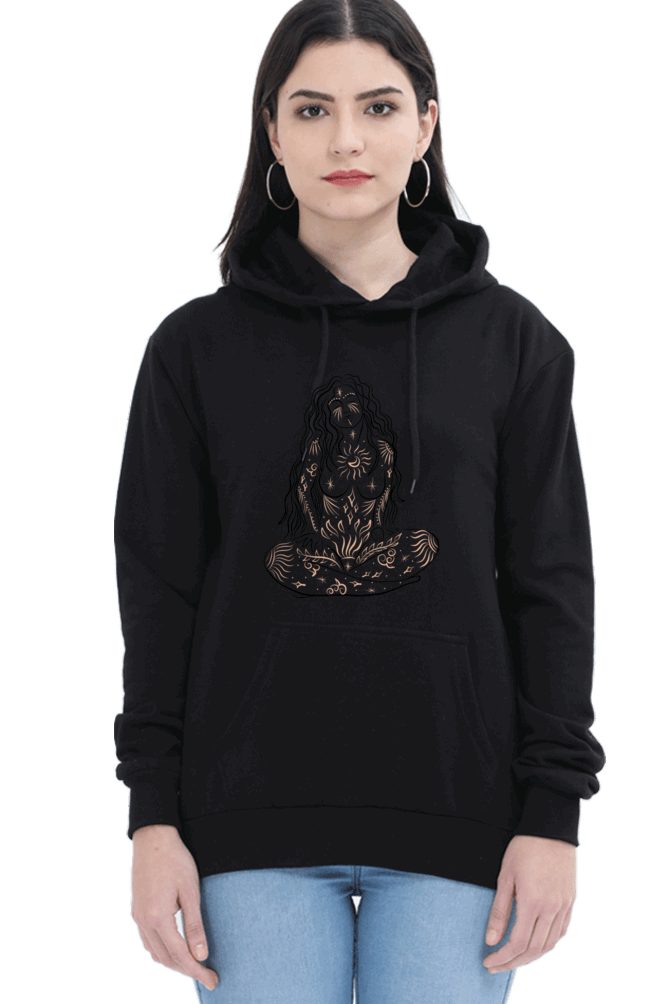 "Cosmic Opulent Intellect" Unisex Hooded Sweatshirt for Girls and Women with Cosmic Harmony Black