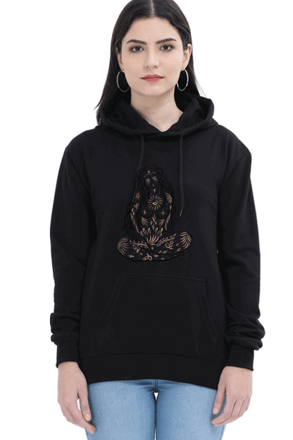 "Cosmic Opulent Intellect" Unisex Hooded Sweatshirt for Girls and Women with Cosmic Harmony Black