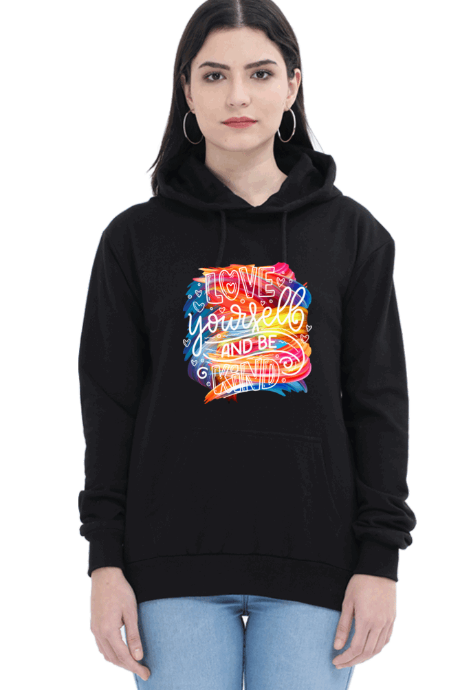 "Love Yourself and Be Kind" Hooded Sweatshirt for Girls and Women Black