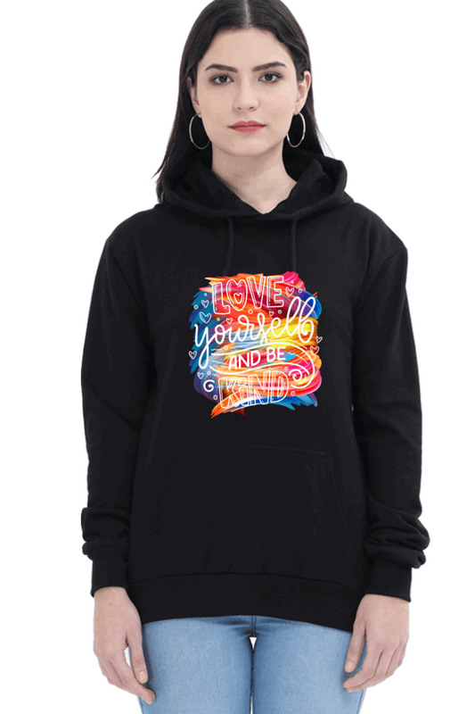 "Love Yourself and Be Kind" Hooded Sweatshirt for Girls and Women Black