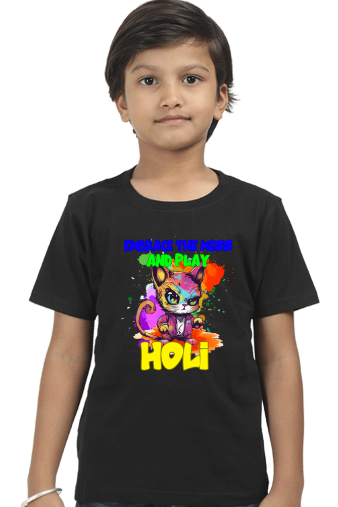 Embrace the Mess and Play Holi: Boys Holi T shirt Black