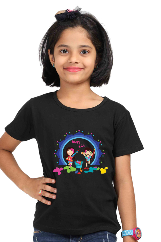 Happy Holi Halo: Boy-Girl Play Girls' Tee Black