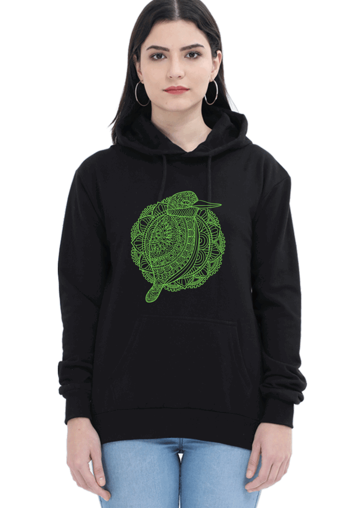 "Green Mandala Bird" Hooded Sweatshirt for Girls and Women Black