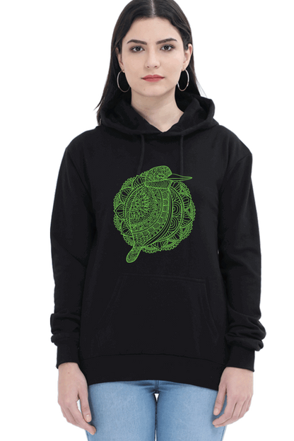 "Green Mandala Bird" Hooded Sweatshirt for Girls and Women Black