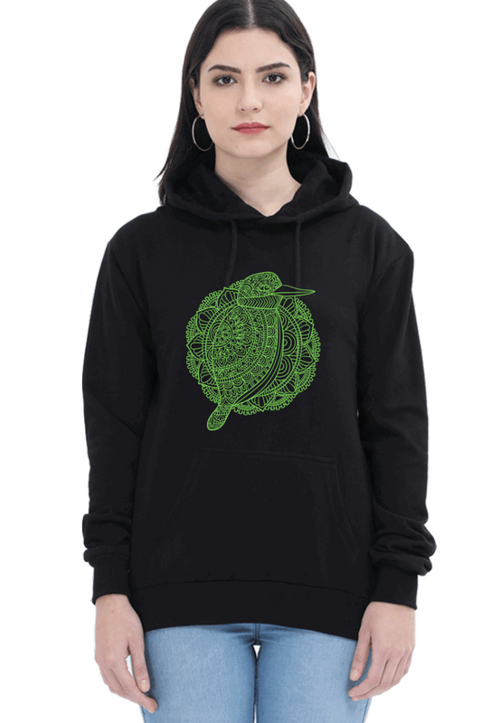 "Green Mandala Bird" Hooded Sweatshirt for Girls and Women Black