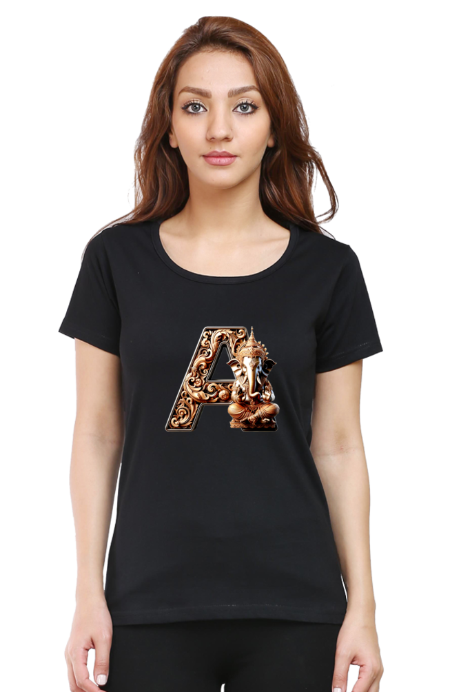 Stylish A Alphabet Ganesh Chaturthi Women T Shirts Black