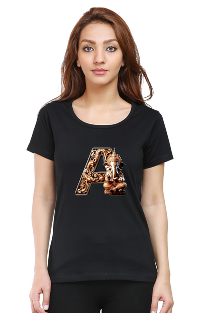 Stylish A Alphabet Ganesh Chaturthi Women T Shirts Black