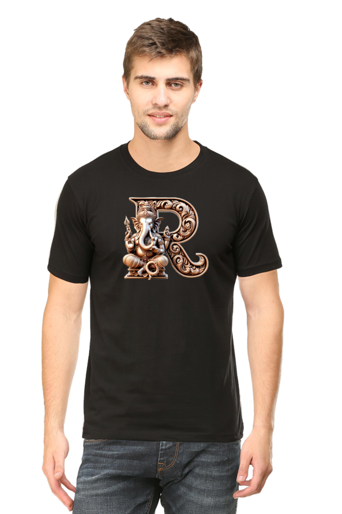 Stylish R Alphabet Ganesh Chaturthi Mens Tshirts Black