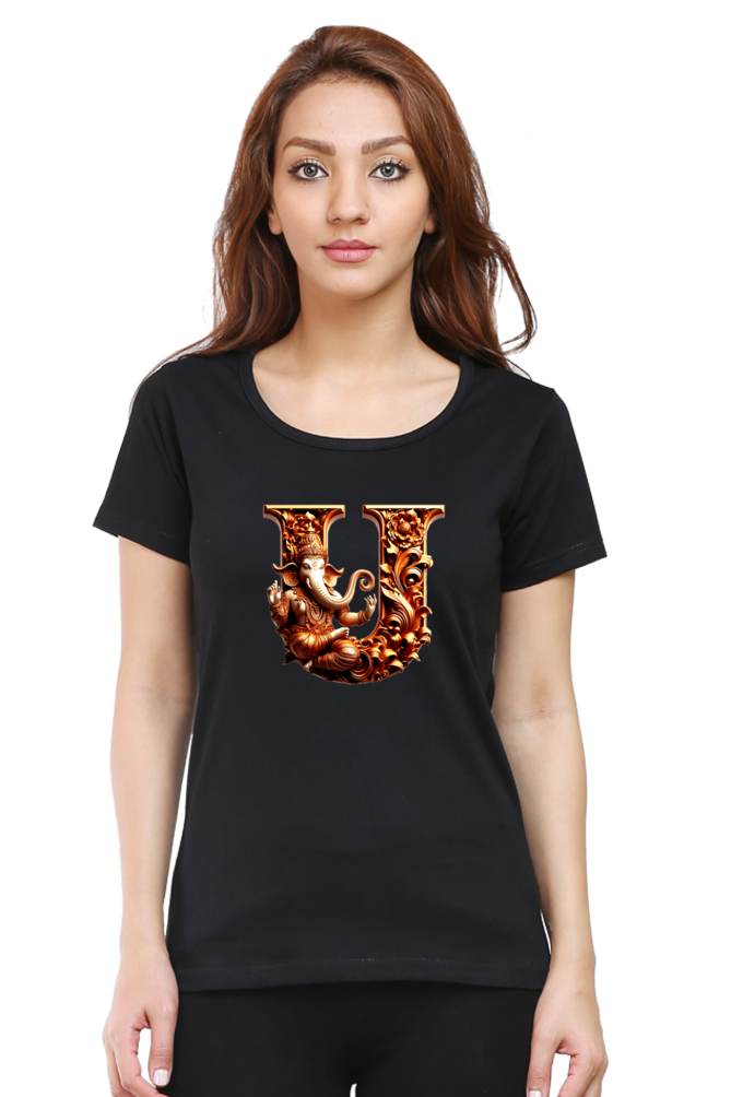 Stylish U Alphabet Ganesh Chaturthi Women T Shirts Black