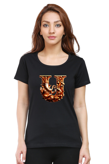 Stylish U Alphabet Ganesh Chaturthi Women T Shirts Black