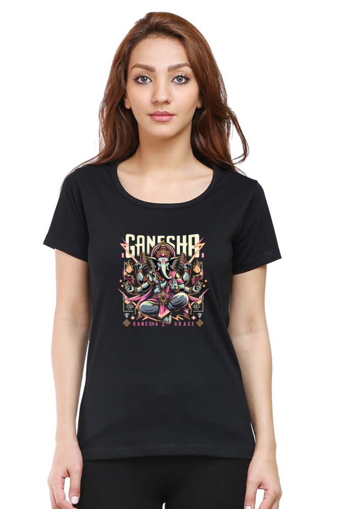 Ganesha's Grace 2 Printed Ganesh Chaturthi Women T Shirts Black