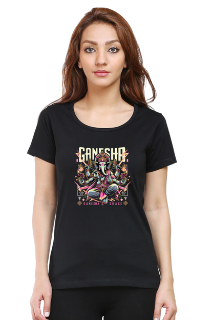 Ganesha's Grace 2 Printed Ganesh Chaturthi Women T Shirts Black