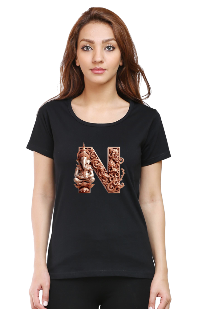 Stylish N Alphabet Ganesh Chaturthi Women T Shirts Black