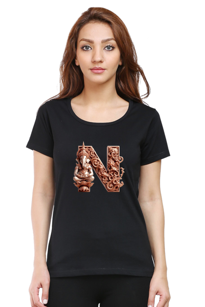 Stylish N Alphabet Ganesh Chaturthi Women T Shirts Black