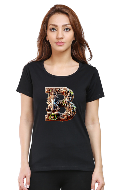 Stylish B Alphabet Ganesh Chaturthi Women T Shirts Black