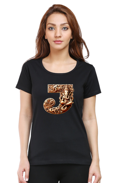 Stylish J Alphabet Ganesh Chaturthi Women T Shirts Black