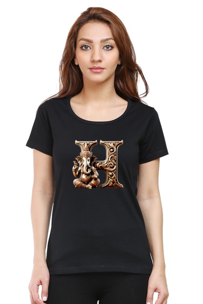 Stylish H Alphabet Ganesh Chaturthi Women T Shirts Black