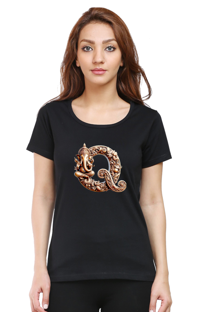 Stylish Q Alphabet Ganesh Chaturthi Women T Shirts Black