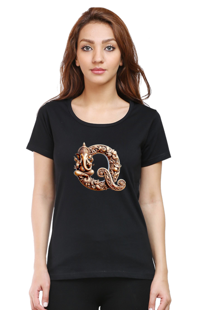 Stylish Q Alphabet Ganesh Chaturthi Women T Shirts Black