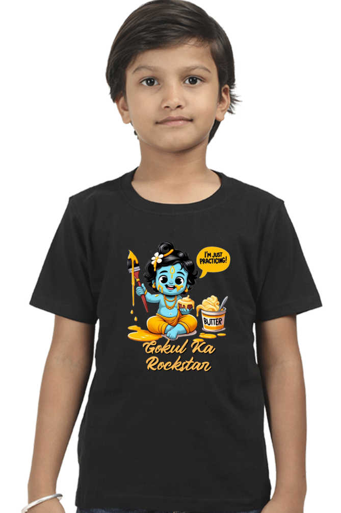 Gokul Ka Rockstar Janmashtami Boy's T Shirts Black