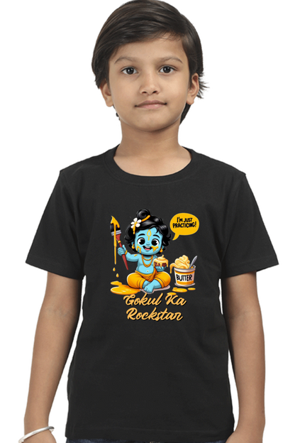 Gokul Ka Rockstar Janmashtami Boy's T Shirts Black