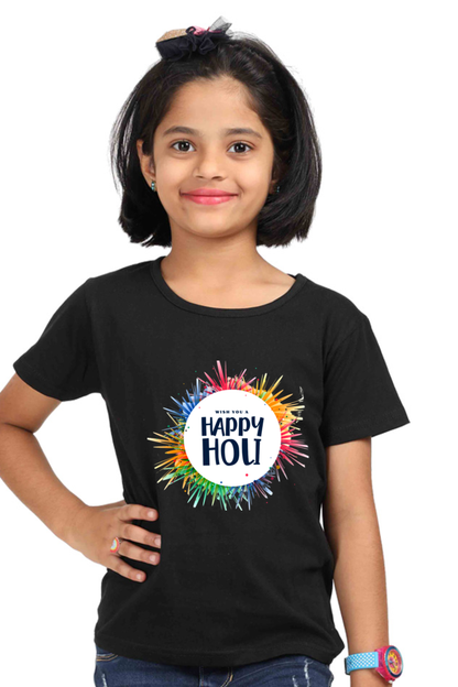 Happy Holi Wishes: Girls' Kid Tee Black