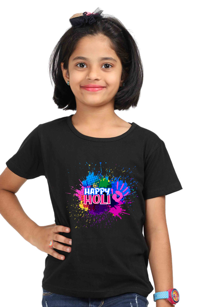 Happy Holi Colored Hand Stamp Girls T Shirt Black