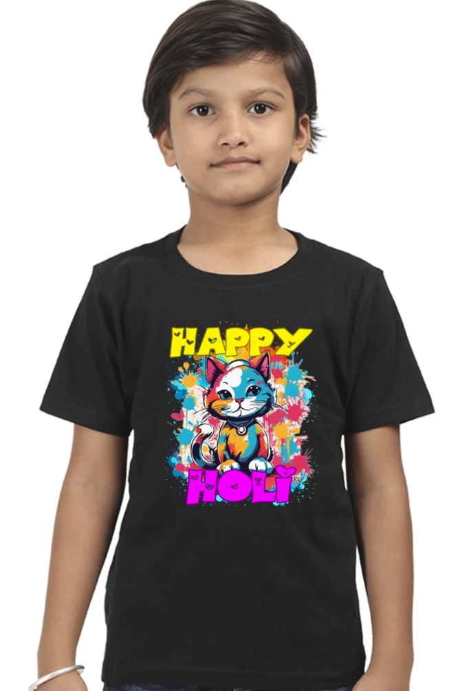 Happy Holi Cat Boys T Shirt Black