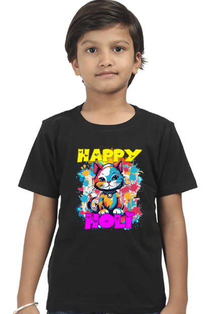 Happy Holi Cat Boys T Shirt Black