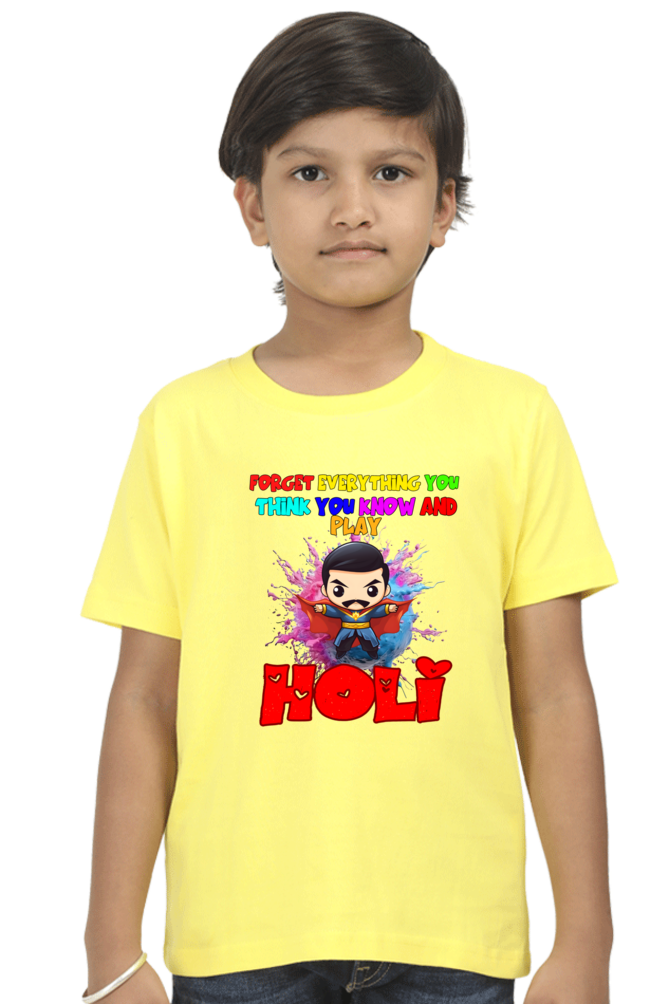 Forget Everything and Play Holi: Boys' Kid Tee with Sorcerer New Yellow